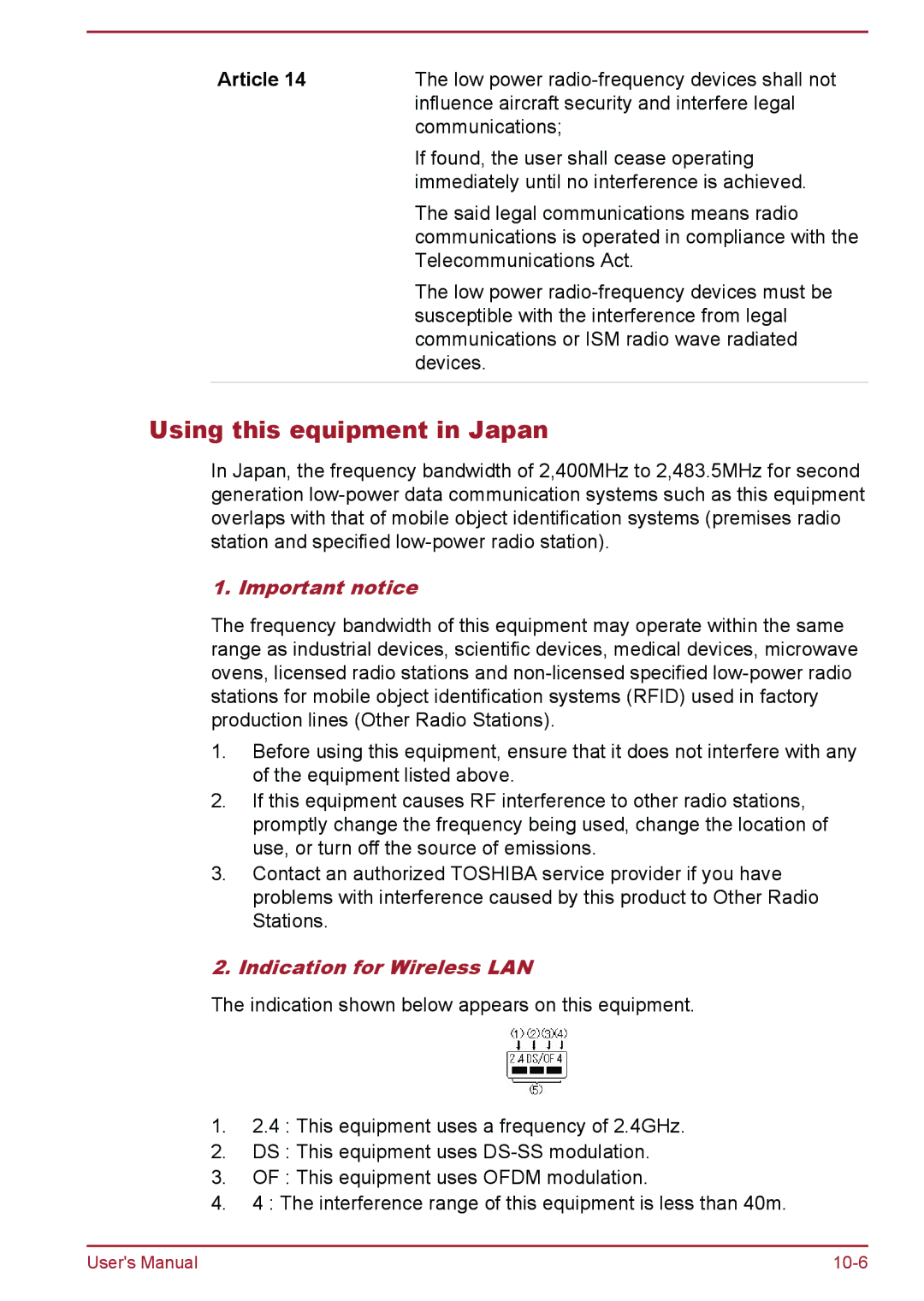 Toshiba AT7-C user manual Using this equipment in Japan, Important notice, Indication for Wireless LAN 