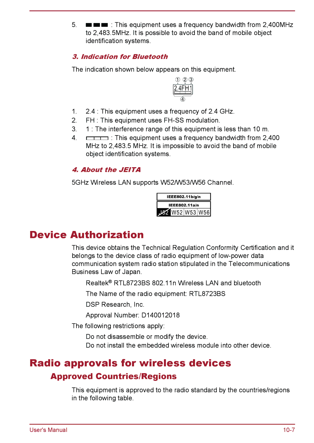 Toshiba AT7-C Device Authorization, Radio approvals for wireless devices, Approved Countries/Regions, About the Jeita 