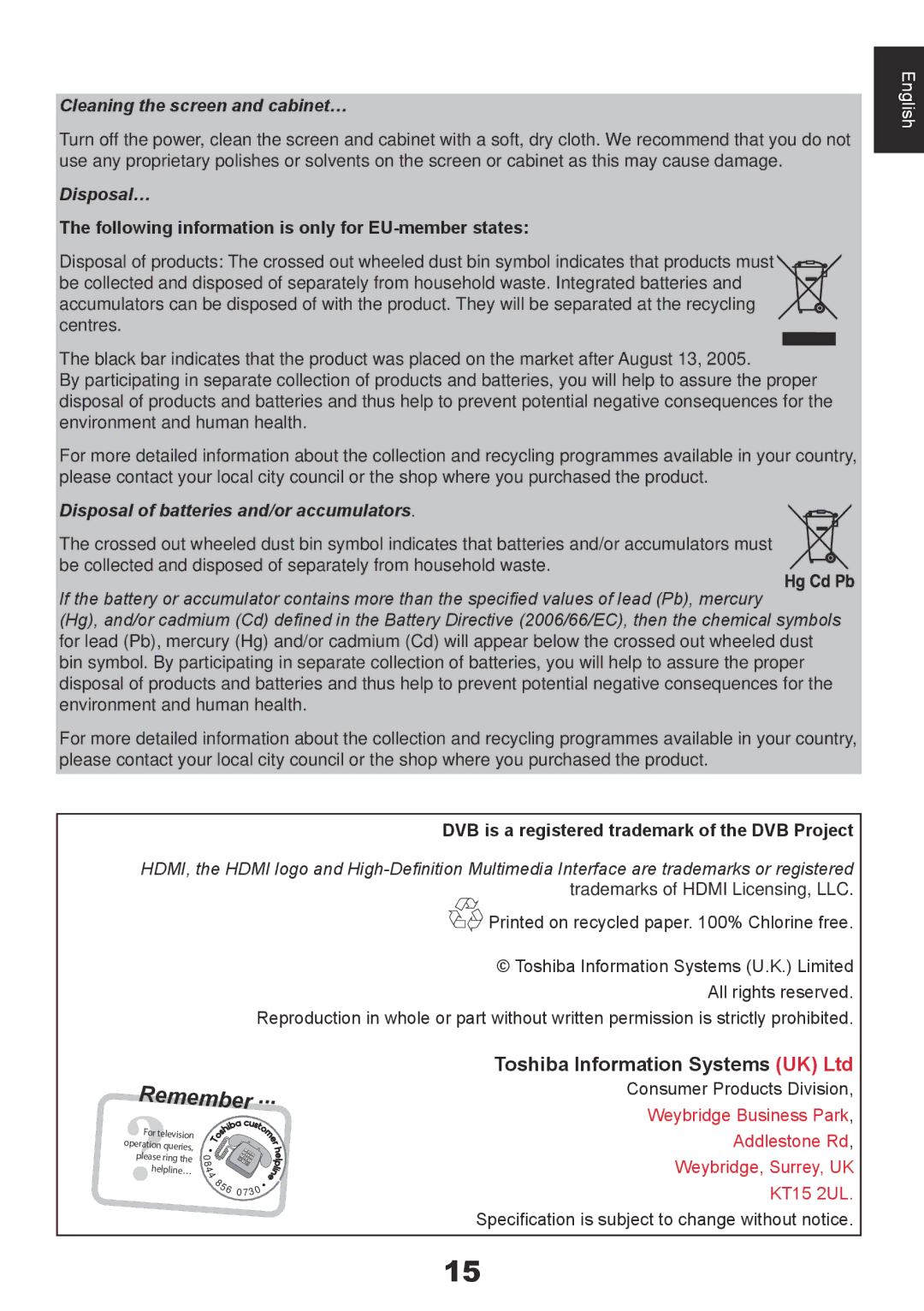 Toshiba AV61*D* Following information is only for EU-member states, DVB is a registered trademark of the DVB Project 