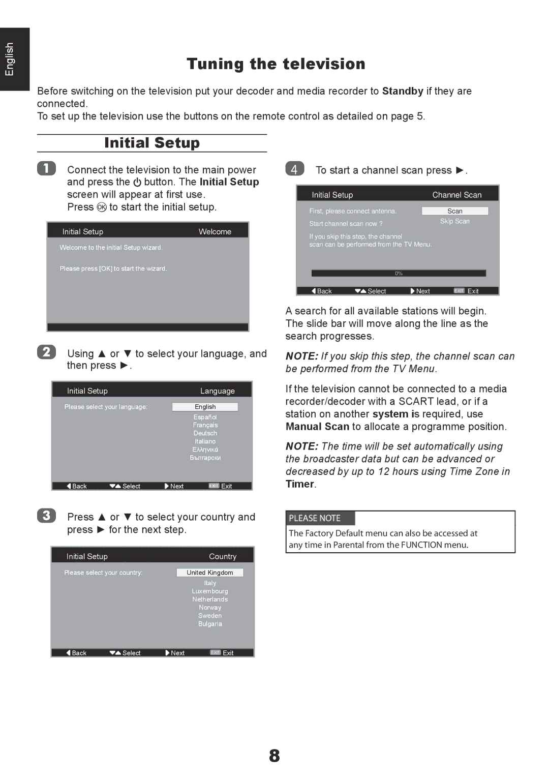 Toshiba AV61*D* user manual Tuning the television, Initial Setup, Timer 