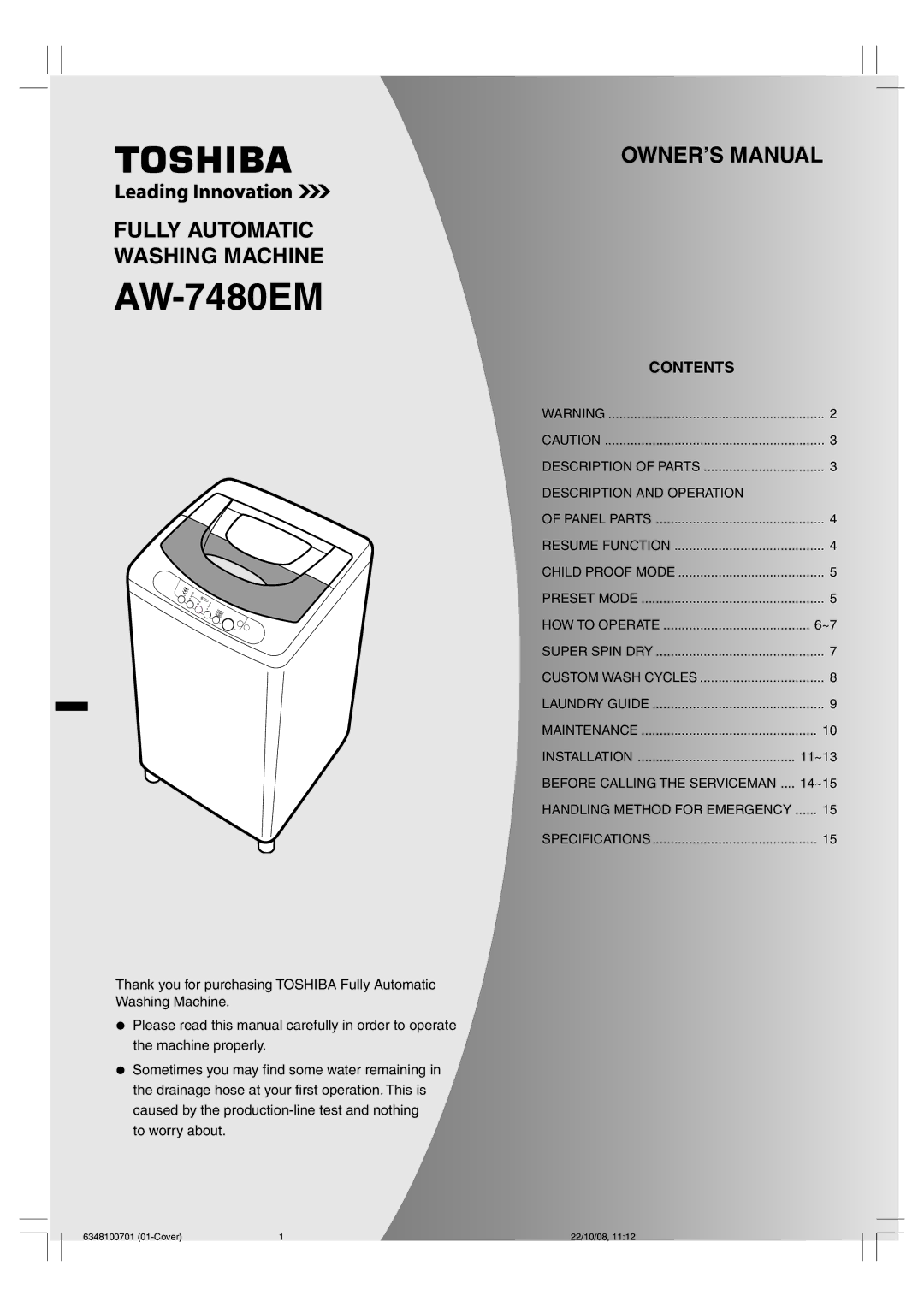 Toshiba AW-7480EM owner manual Contents 