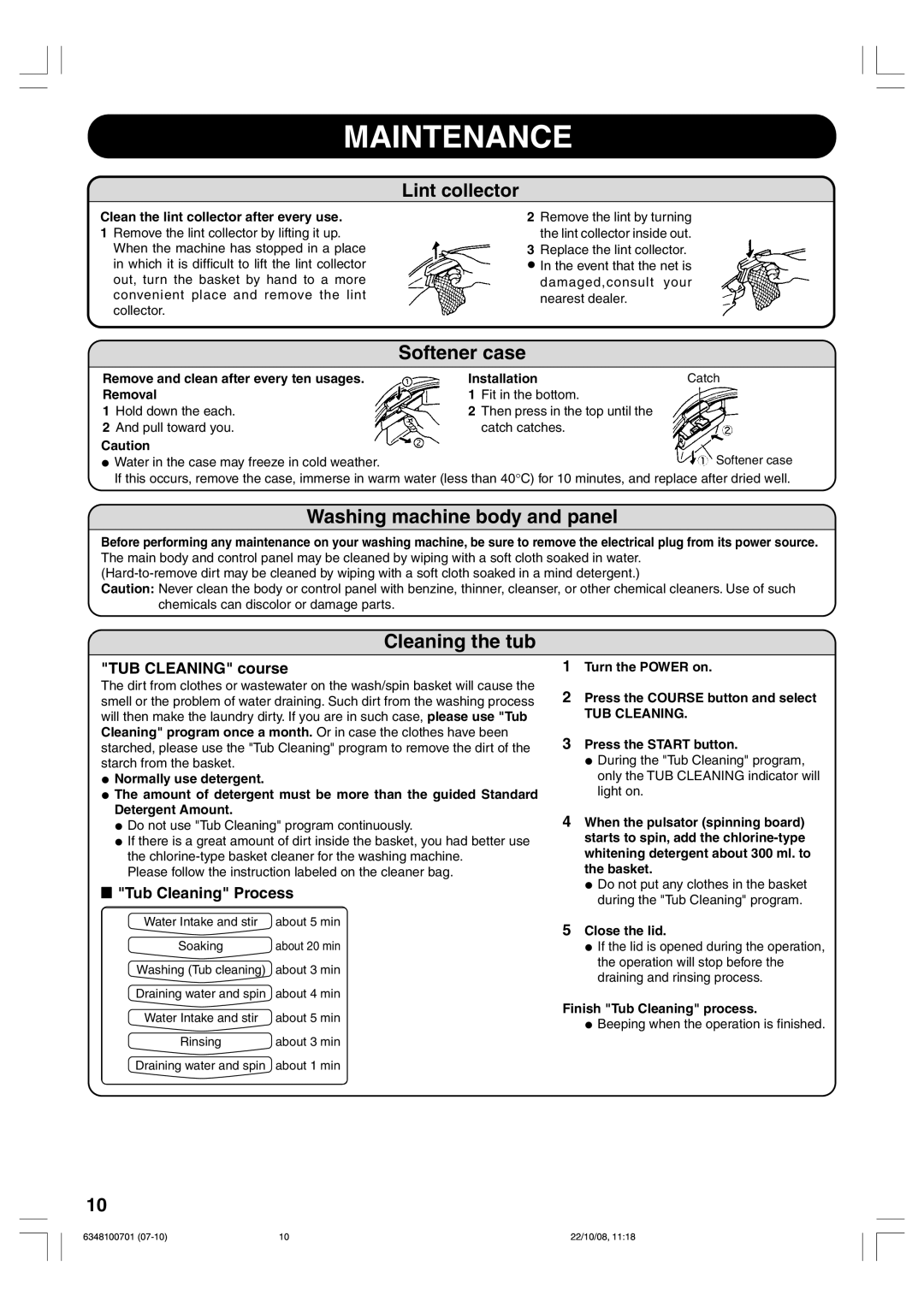 Toshiba AW-7480EM owner manual Maintenance, Softener case, Washing machine body and panel, Cleaning the tub 