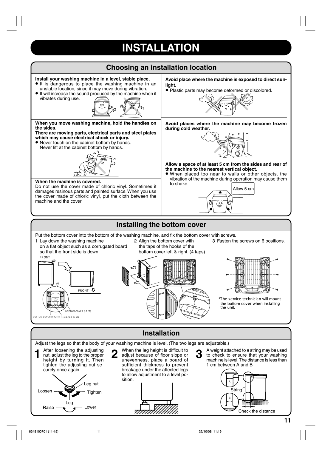 Toshiba AW-7480EM owner manual Installation, Choosing an installation location, Installing the bottom cover 