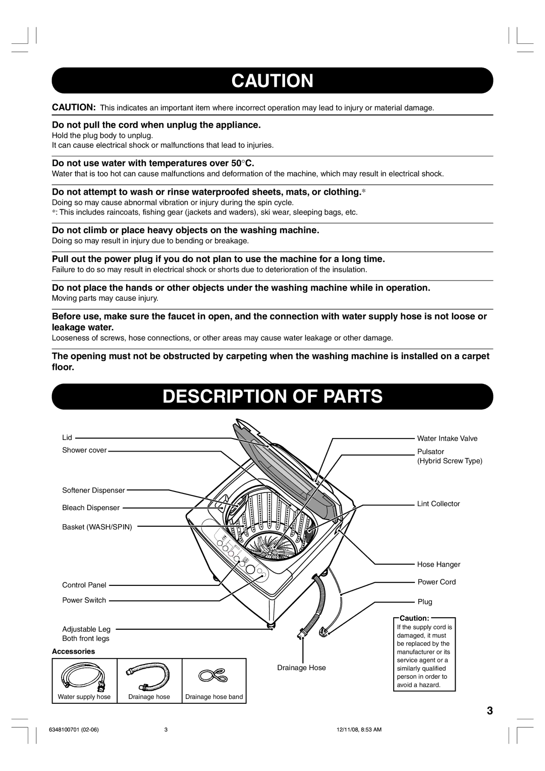 Toshiba AW-7480EM owner manual Description of Parts, Do not pull the cord when unplug the appliance, Accessories 