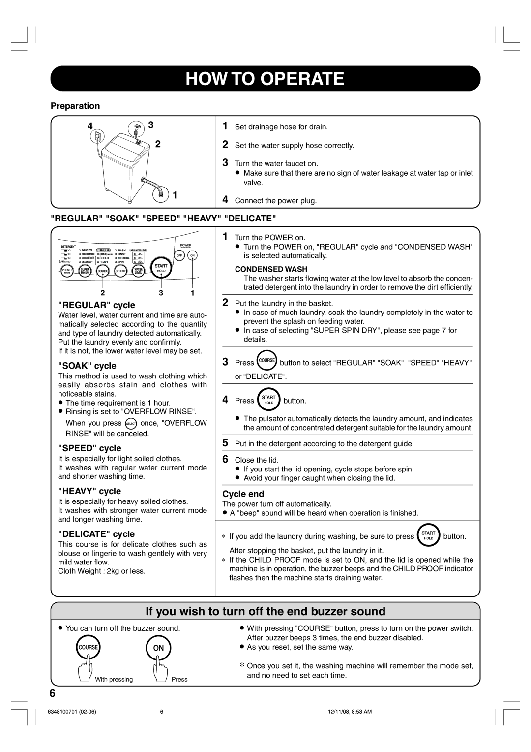 Toshiba AW-7480EM HOW to Operate, If you wish to turn off the end buzzer sound, Regular Soak Speed Heavy Delicate 