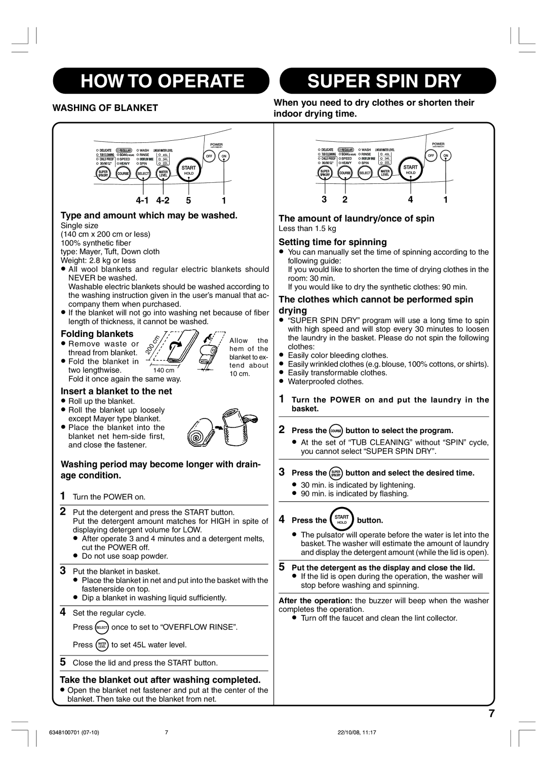 Toshiba AW-7480EM owner manual Washing of Blanket 