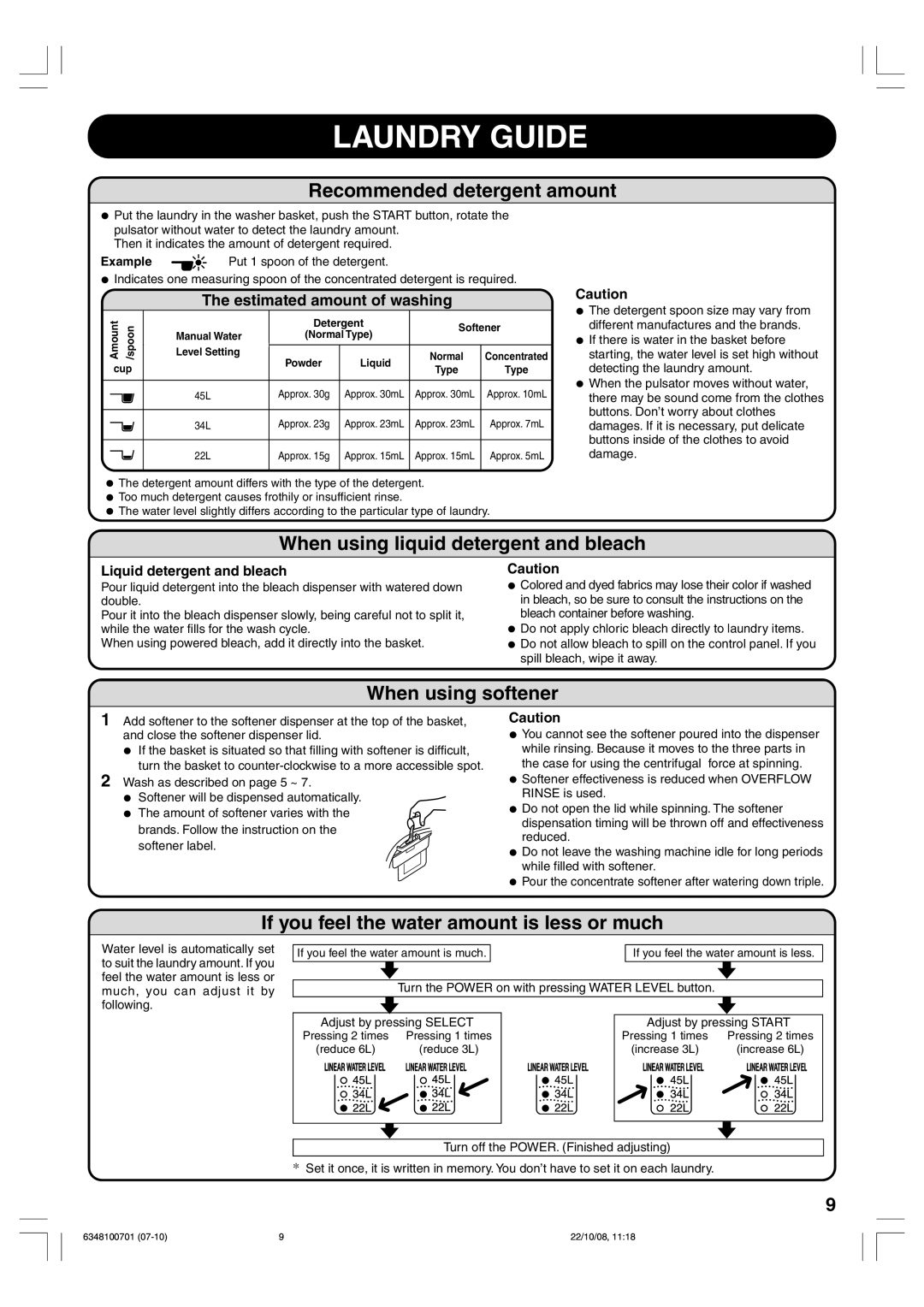 Toshiba AW-7480EM Laundry Guide, Recommended detergent amount, When using liquid detergent and bleach, When using softener 