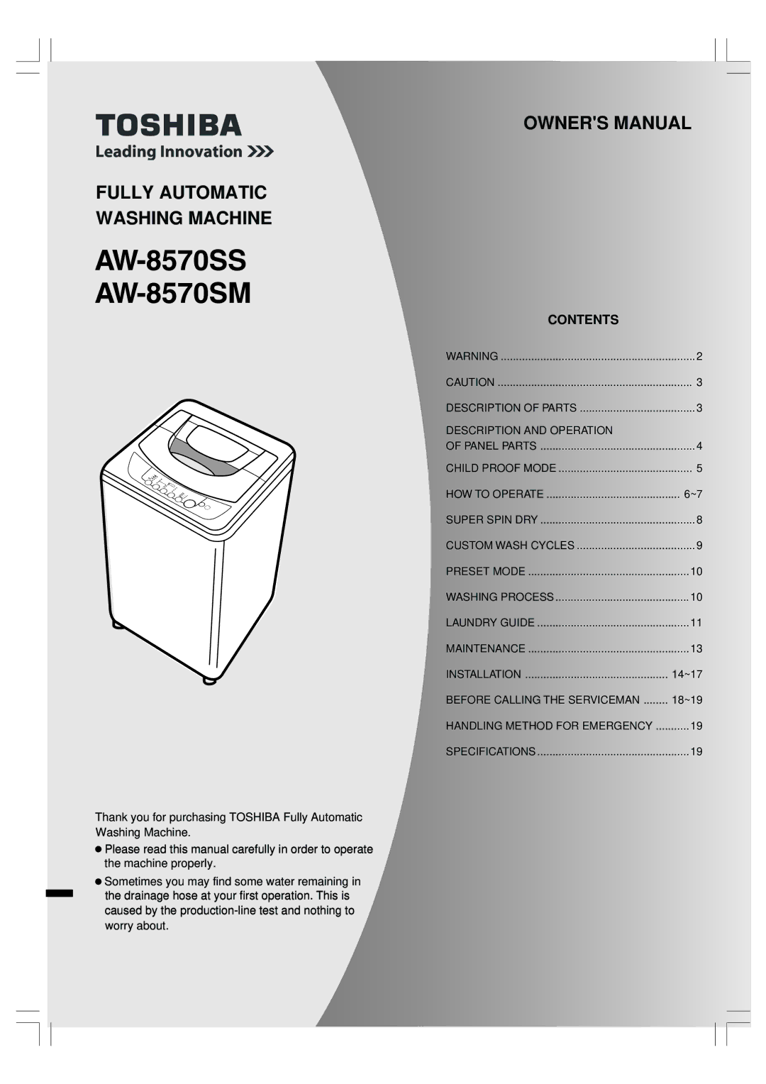 Toshiba owner manual AW-8570SS AW-8570SM, Contents 