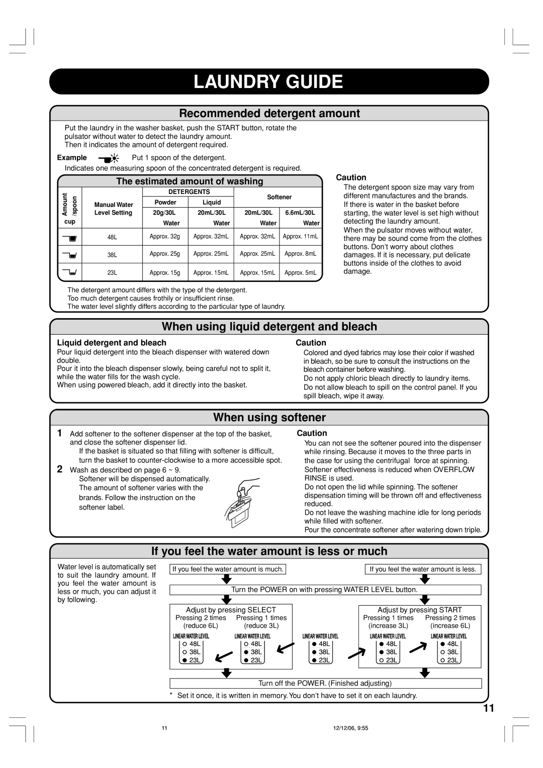 Toshiba AW-8570SM Laundry Guide, Recommended detergent amount, When using liquid detergent and bleach, When using softener 