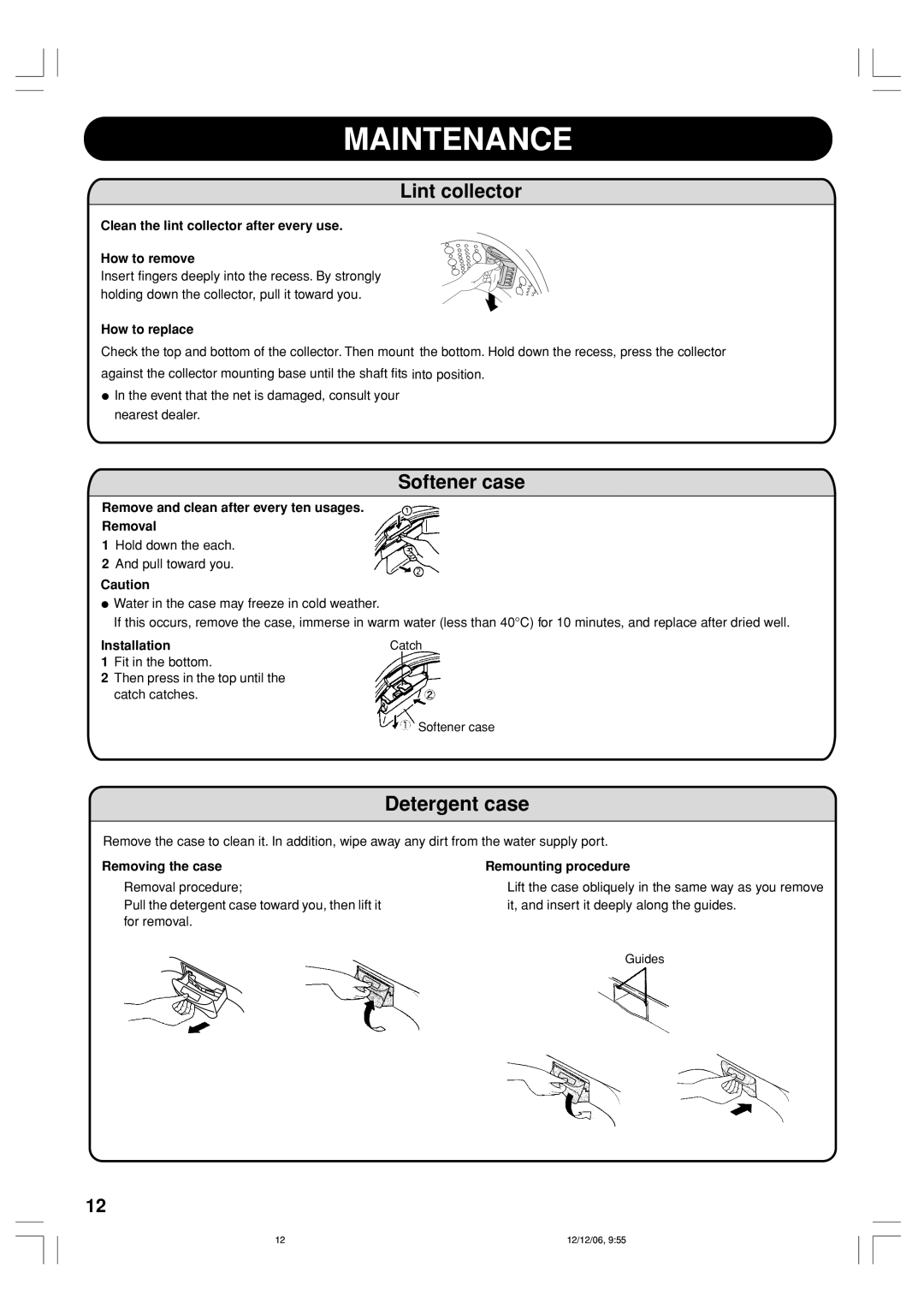 Toshiba AW-8570SS, AW-8570SM owner manual Maintenance, Lint collector, Softener case, Detergent case 