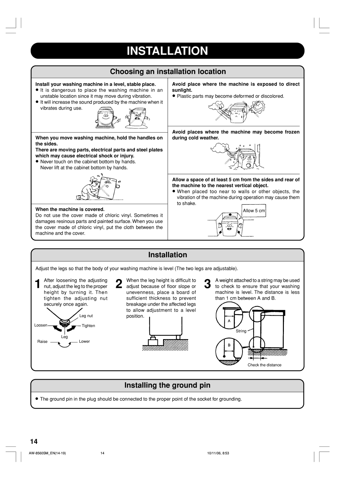 Toshiba AW-8570SS, AW-8570SM owner manual Installation, Choosing an installation location, Installing the ground pin 