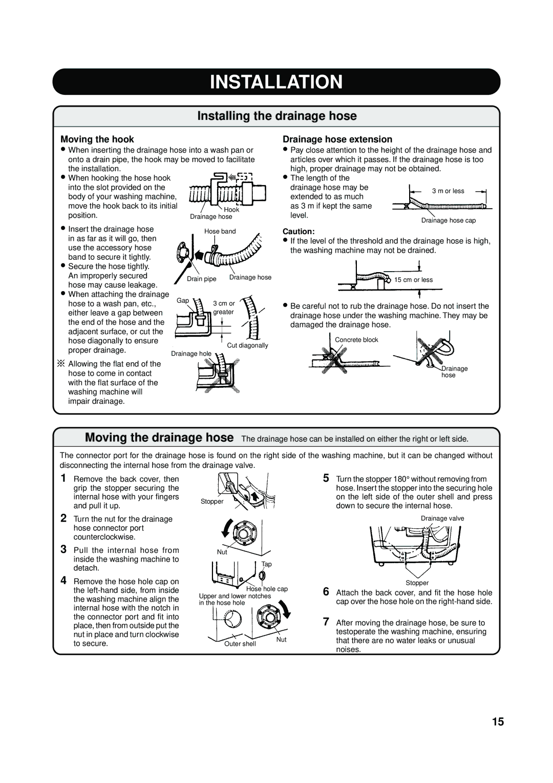 Toshiba AW-8570SM, AW-8570SS owner manual Installing the drainage hose, Moving the hook, Drainage hose extension 