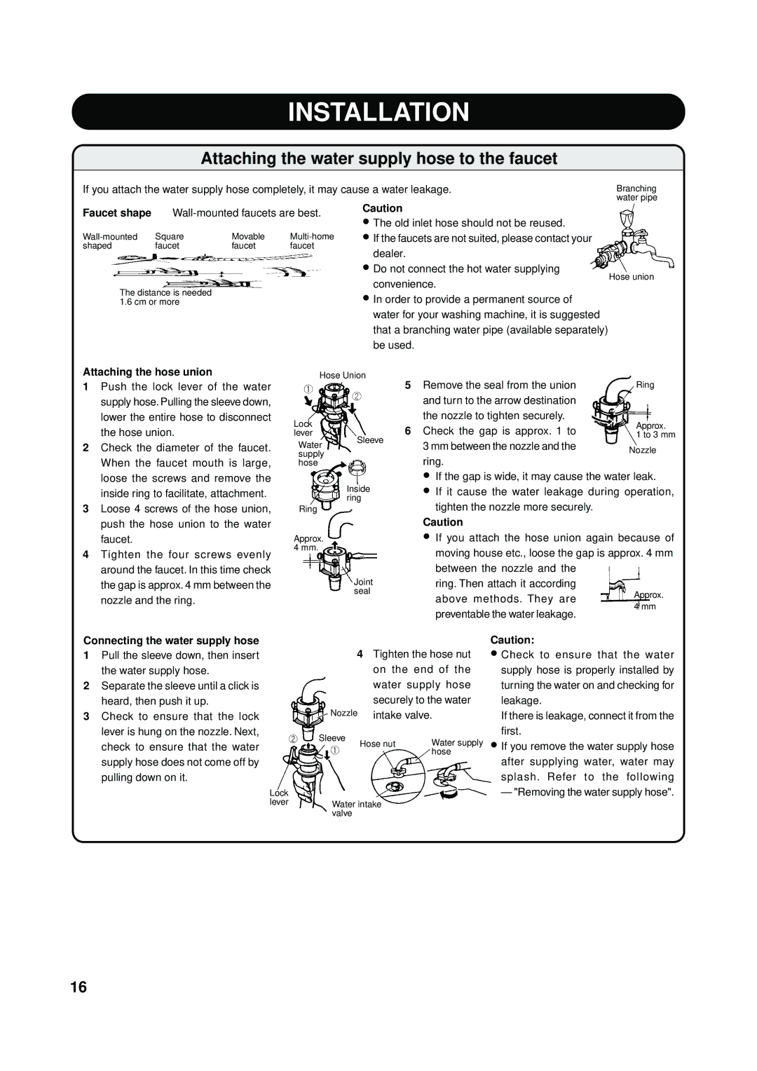 Toshiba AW-8570SS, AW-8570SM Attaching the water supply hose to the faucet, Faucet shape, Attaching the hose union 