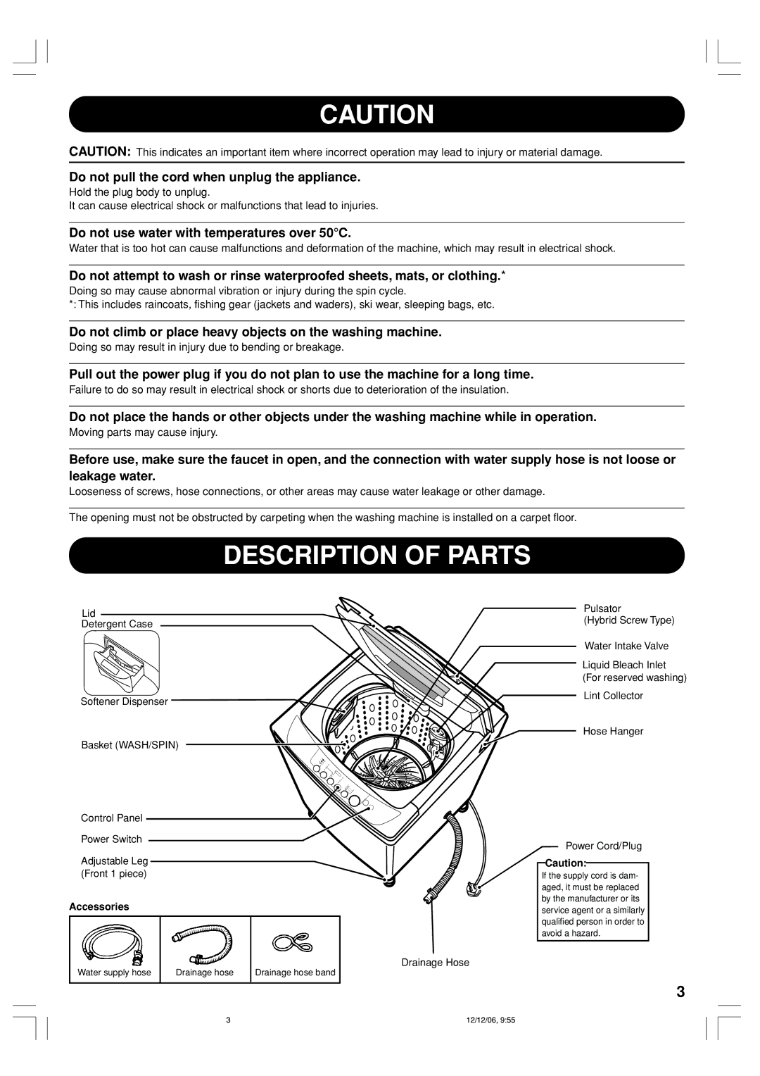 Toshiba AW-8570SM, AW-8570SS owner manual Description of Parts, Do not pull the cord when unplug the appliance, Accessories 