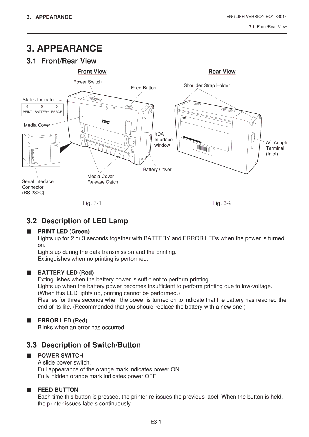 Toshiba B-415 owner manual Appearance, Front/Rear View, Description of LED Lamp, Description of Switch/Button 