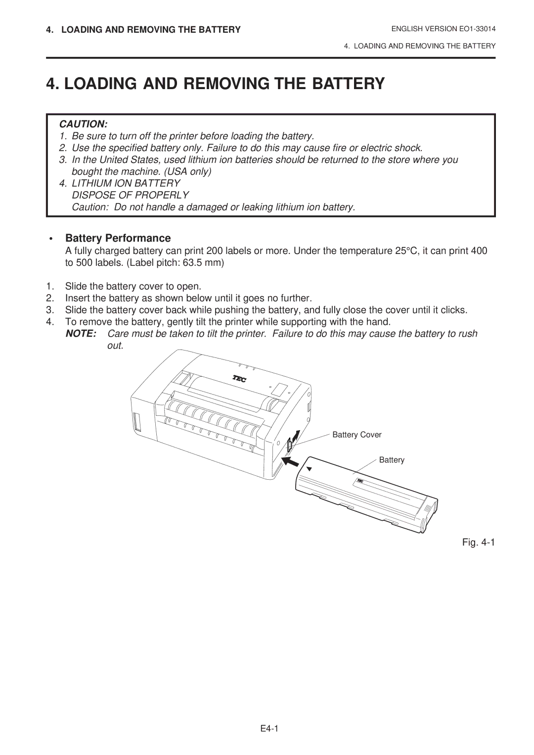 Toshiba B-415 owner manual Loading and Removing the Battery, Battery Performance 