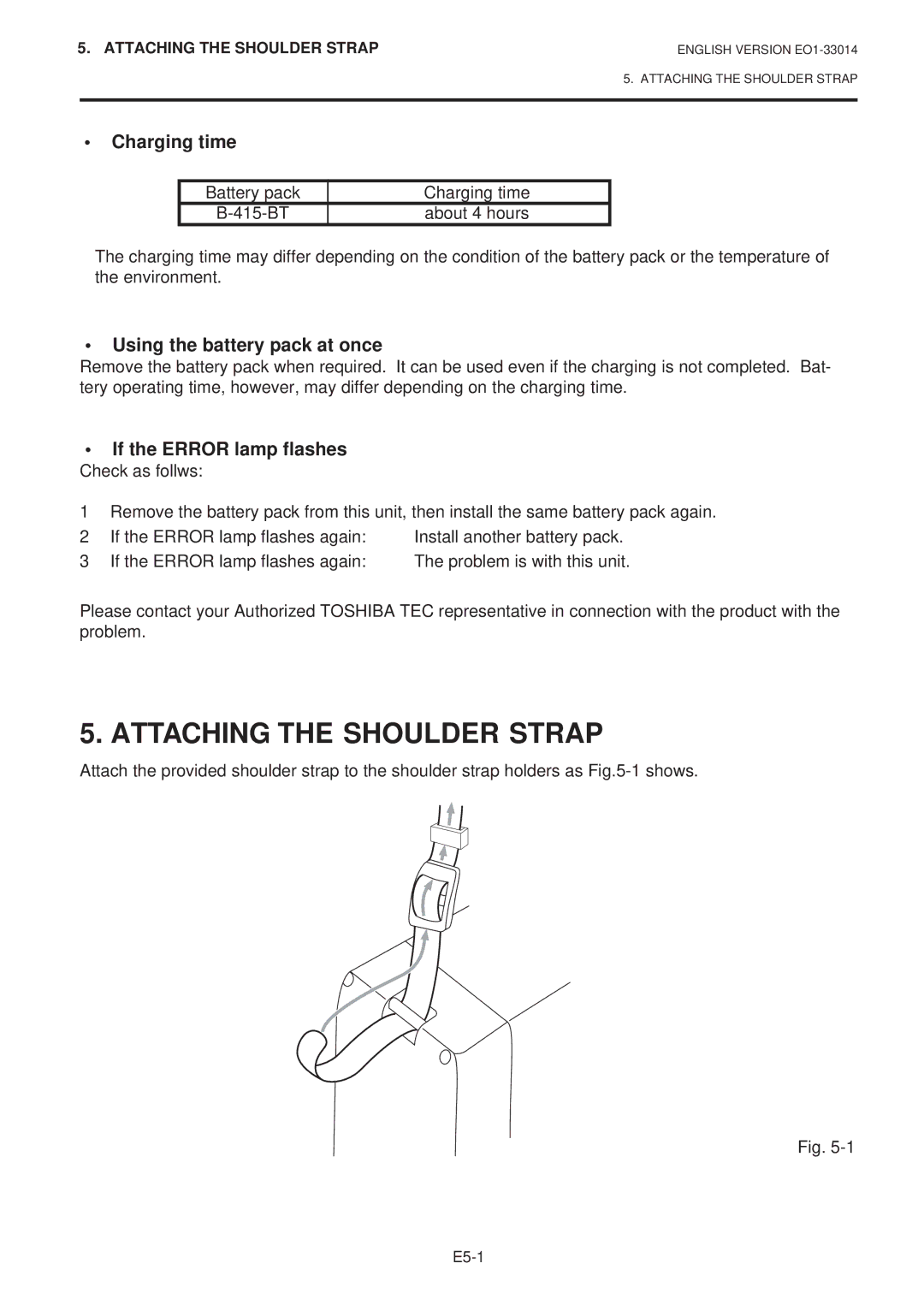 Toshiba B-415 owner manual Attaching the Shoulder Strap, Charging time 