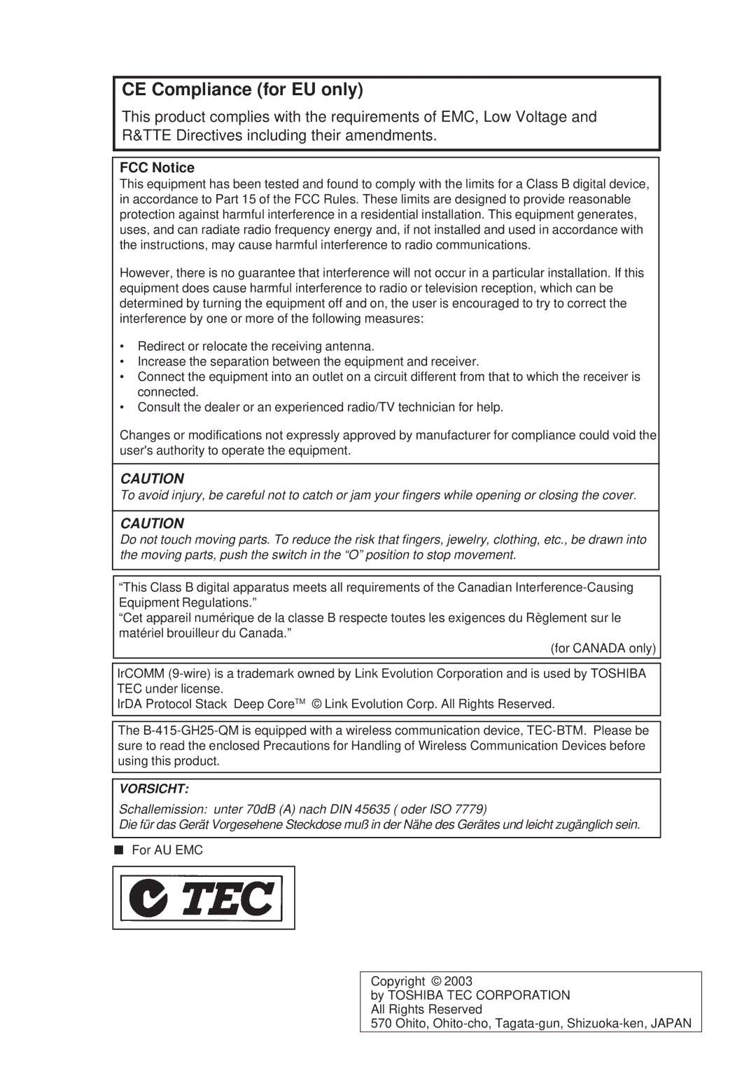 Toshiba B-415 owner manual CE Compliance for EU only, FCC Notice 