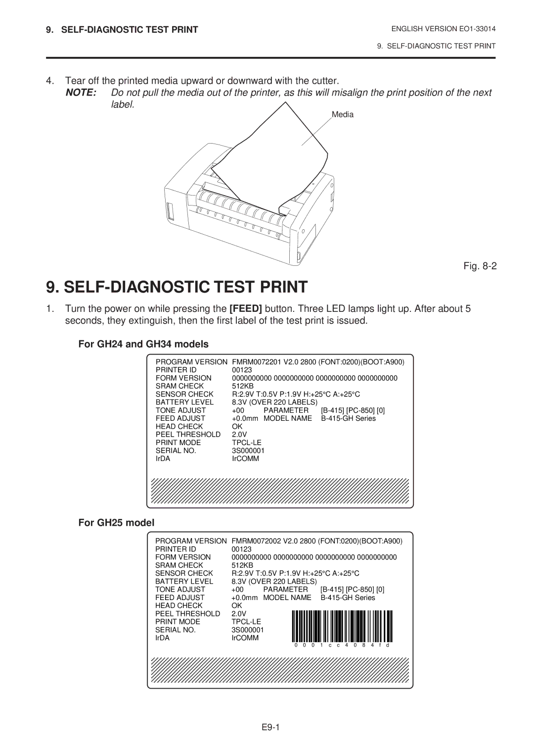 Toshiba B-415 owner manual SELF-DIAGNOSTIC Test Print, For GH24 and GH34 models, For GH25 model 