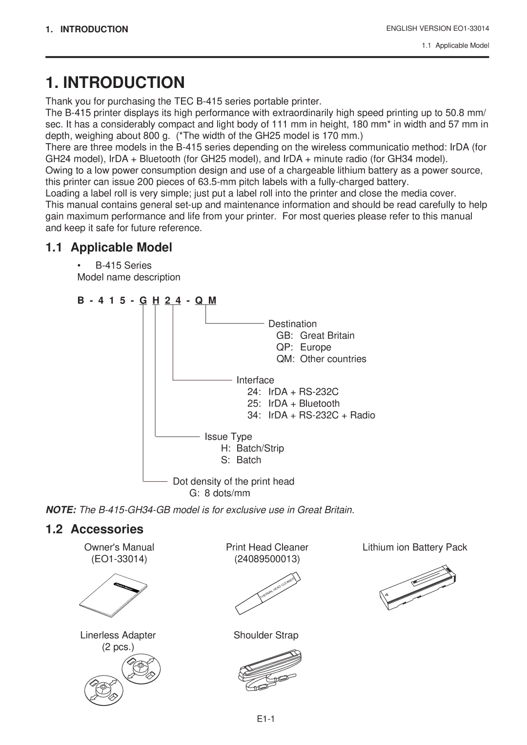 Toshiba B-415 owner manual Introduction, Applicable Model, Accessories, 1 5 G H 2 4 Q M 