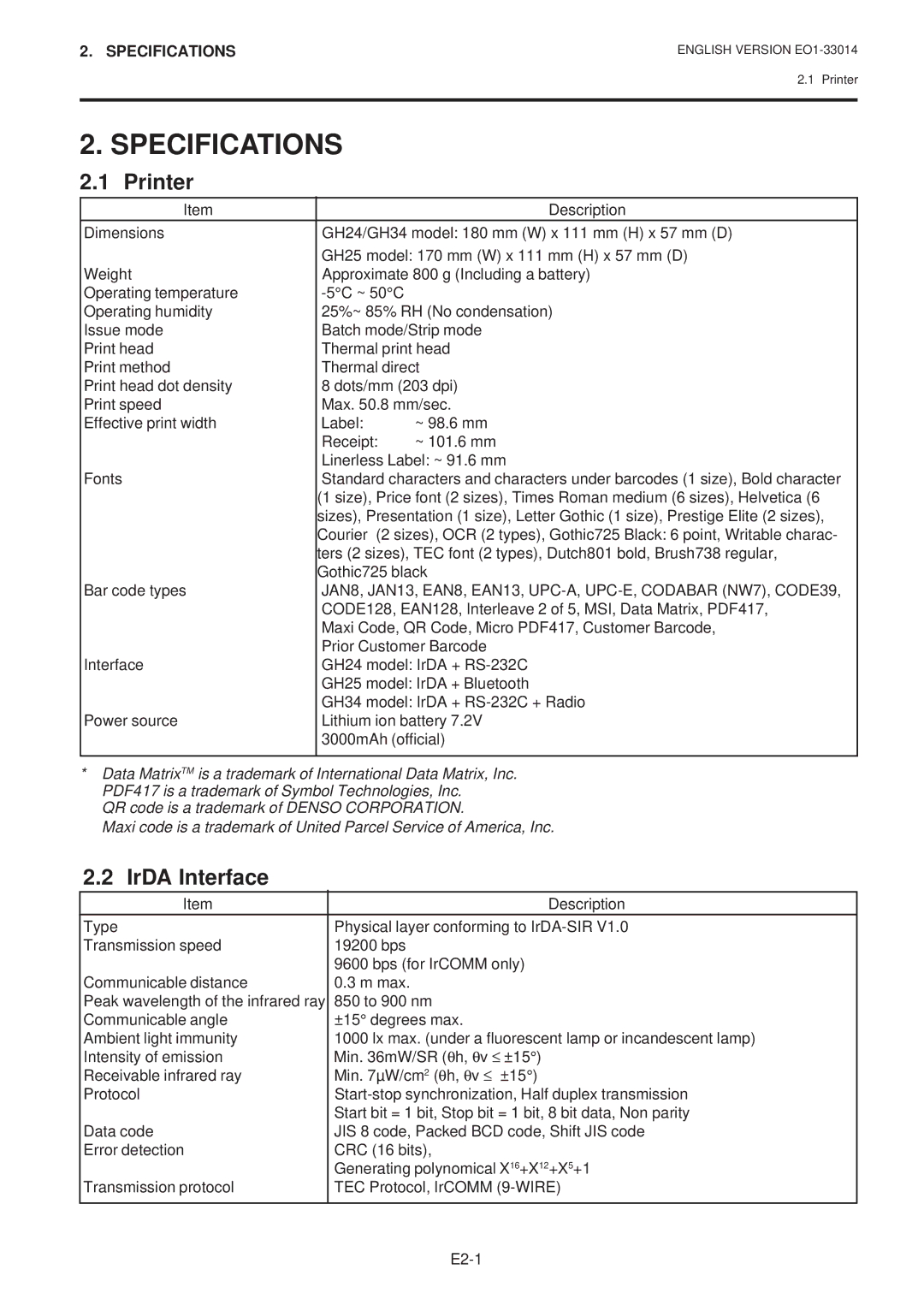 Toshiba B-415 owner manual Specifications, Printer, IrDA Interface 