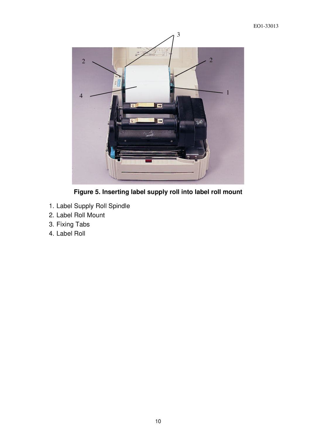 Toshiba B-443 owner manual Inserting label supply roll into label roll mount 