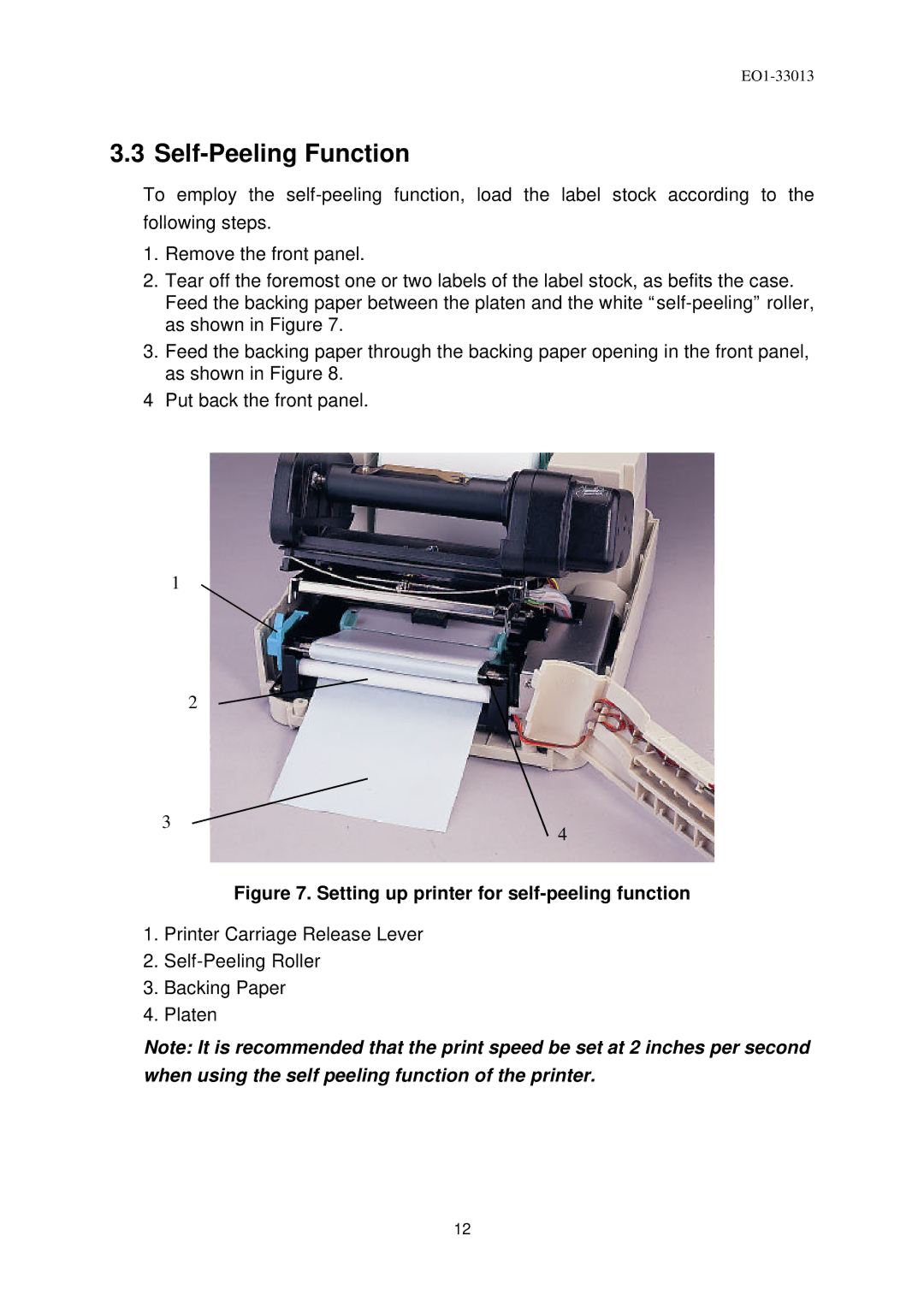 Toshiba B-443 owner manual Self-Peeling Function, Setting up printer for self-peeling function 