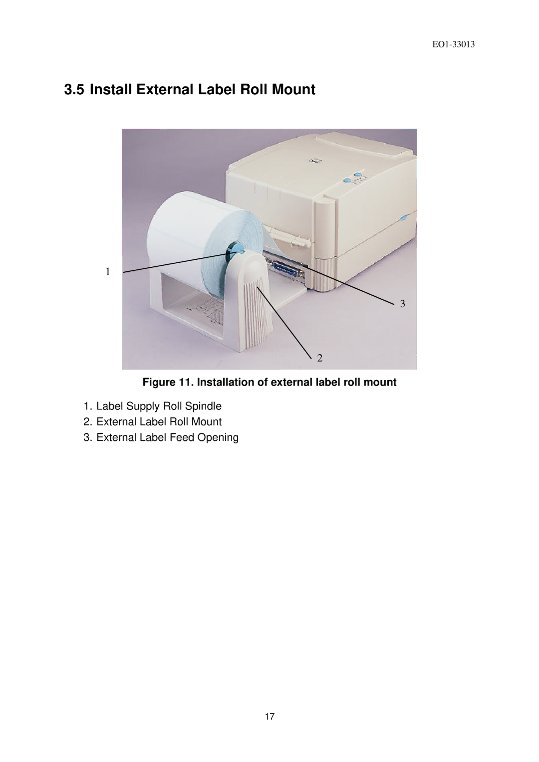 Toshiba B-443 owner manual Install External Label Roll Mount, Installation of external label roll mount 