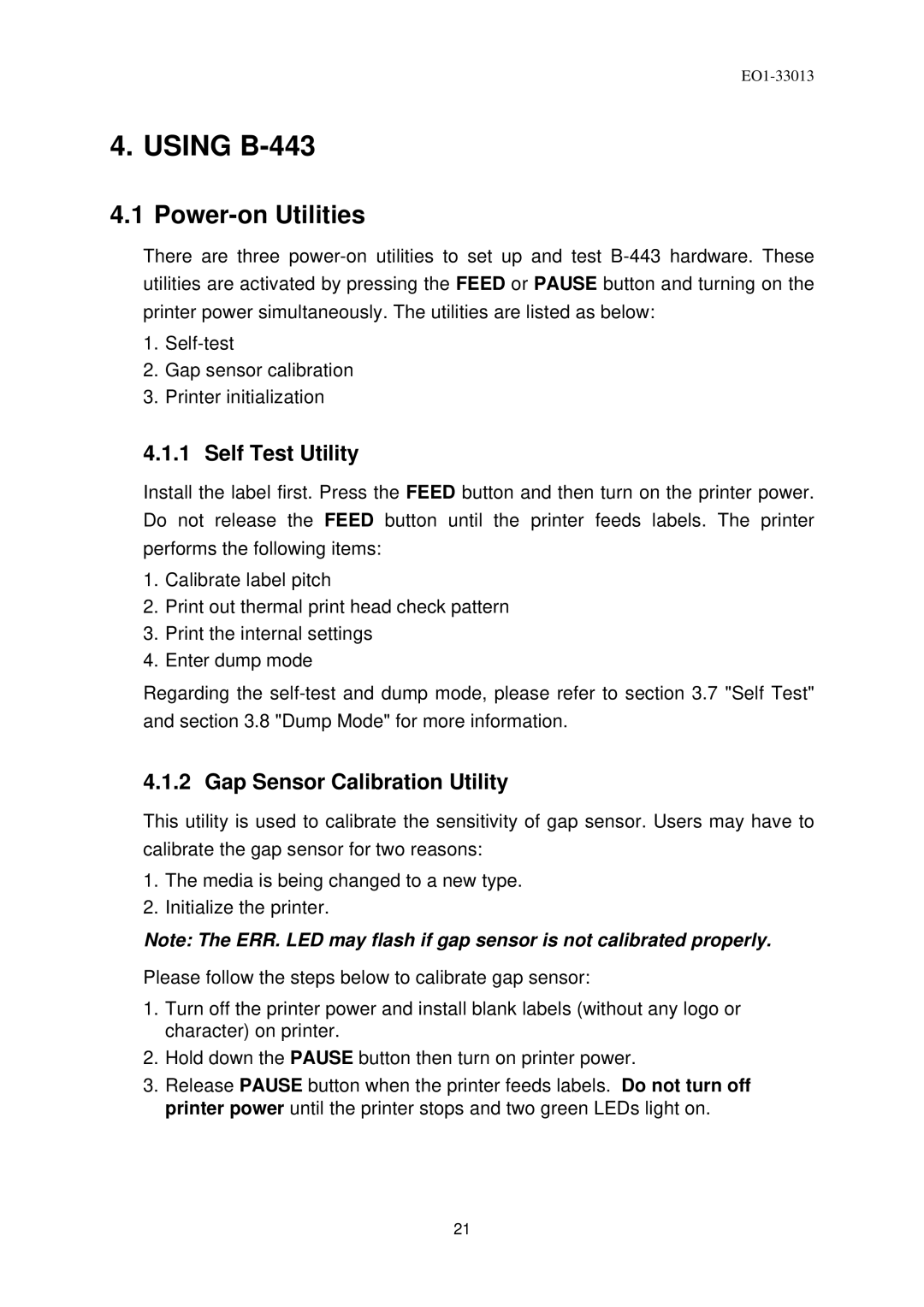 Toshiba B-443 owner manual Power-on Utilities, Self Test Utility, Gap Sensor Calibration Utility 