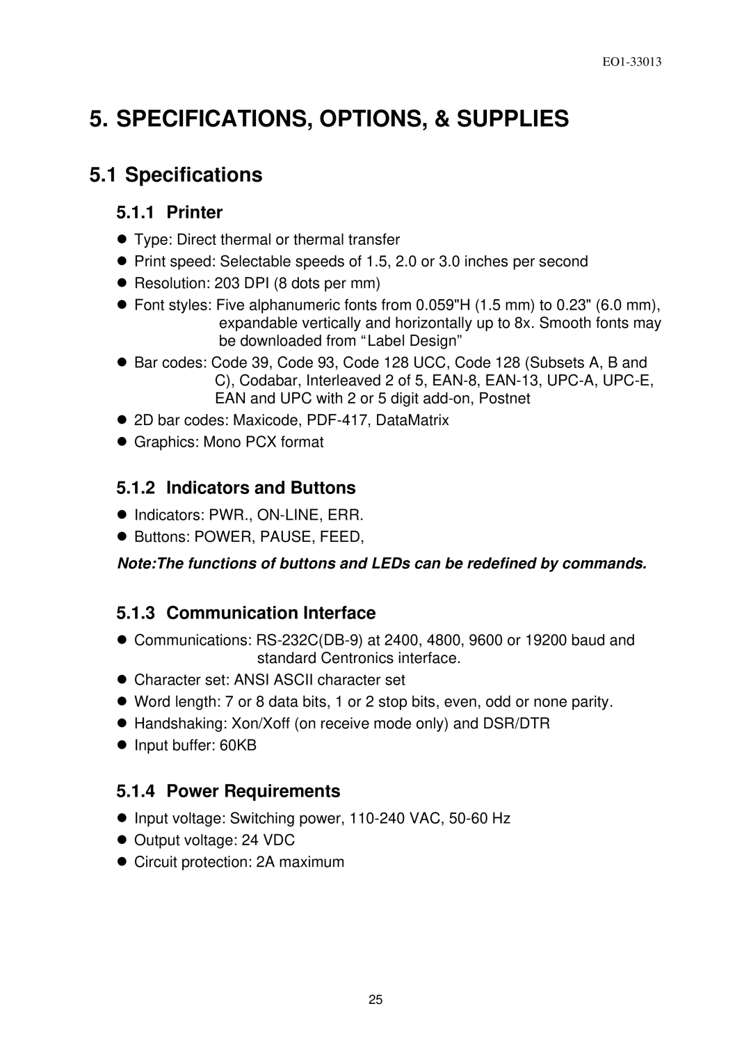 Toshiba B-443 owner manual Specifications, Printer, Indicators and Buttons, Communication Interface, Power Requirements 