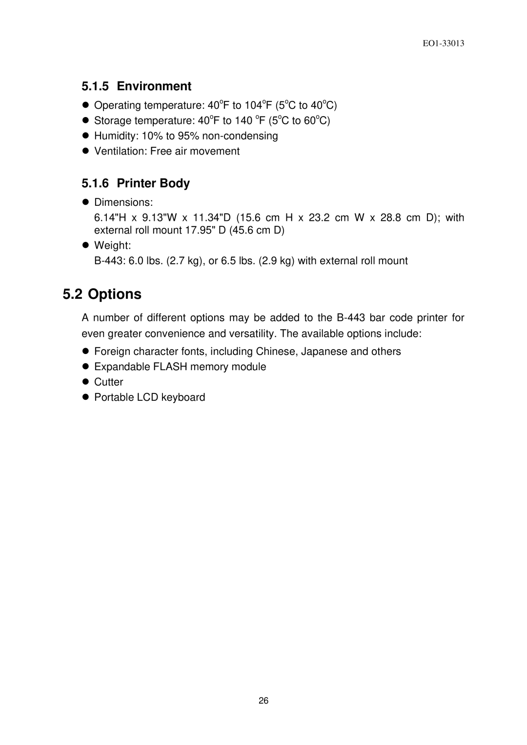 Toshiba B-443 owner manual Options, Environment, Printer Body 