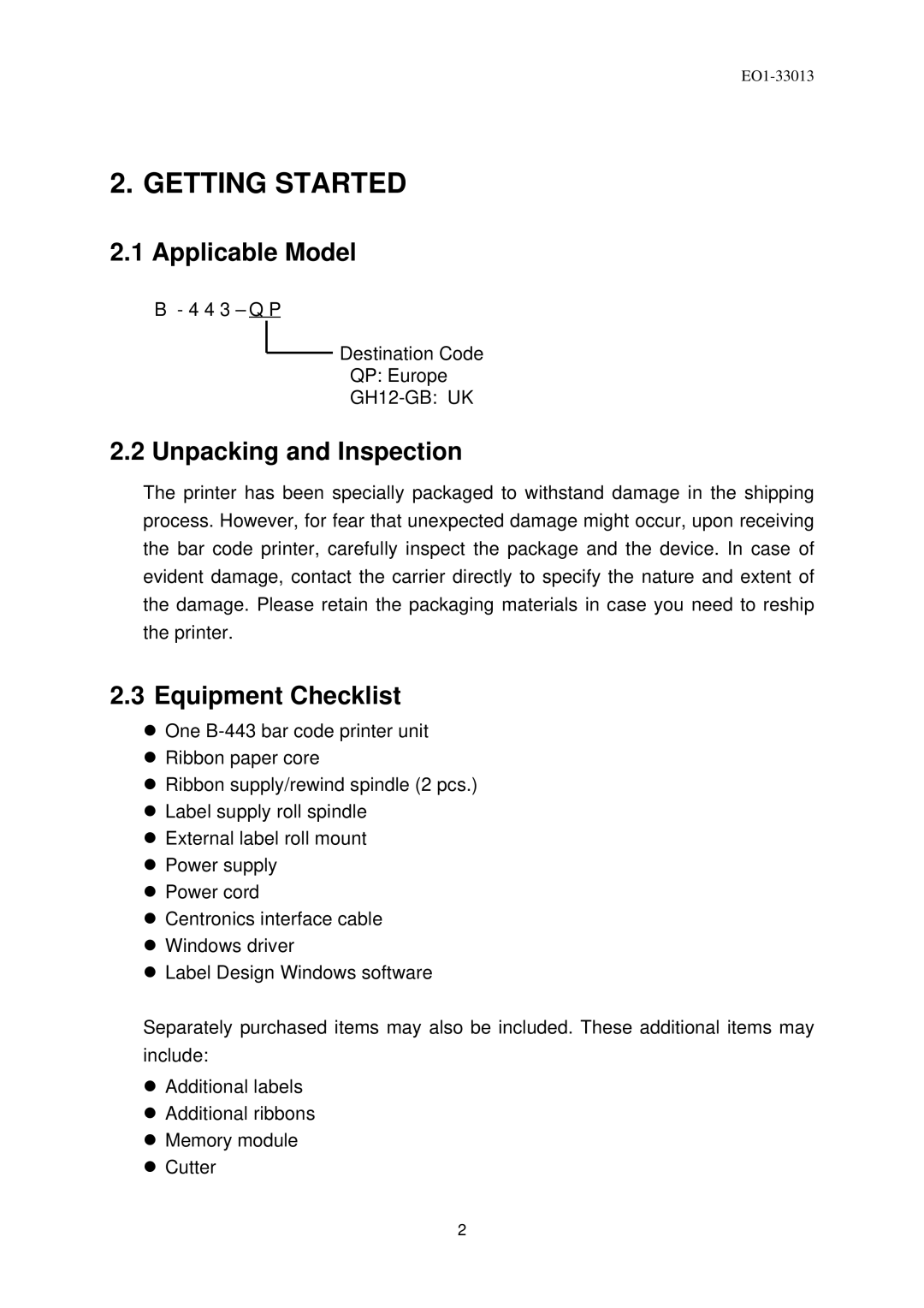 Toshiba B-443 owner manual Applicable Model, Unpacking and Inspection, Equipment Checklist 