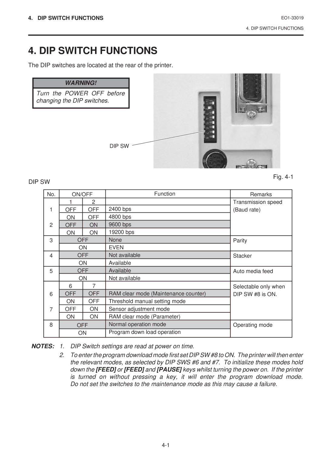 Toshiba B-450-HS-QQ owner manual DIP Switch Functions, Turn the Power OFF before changing the DIP switches 