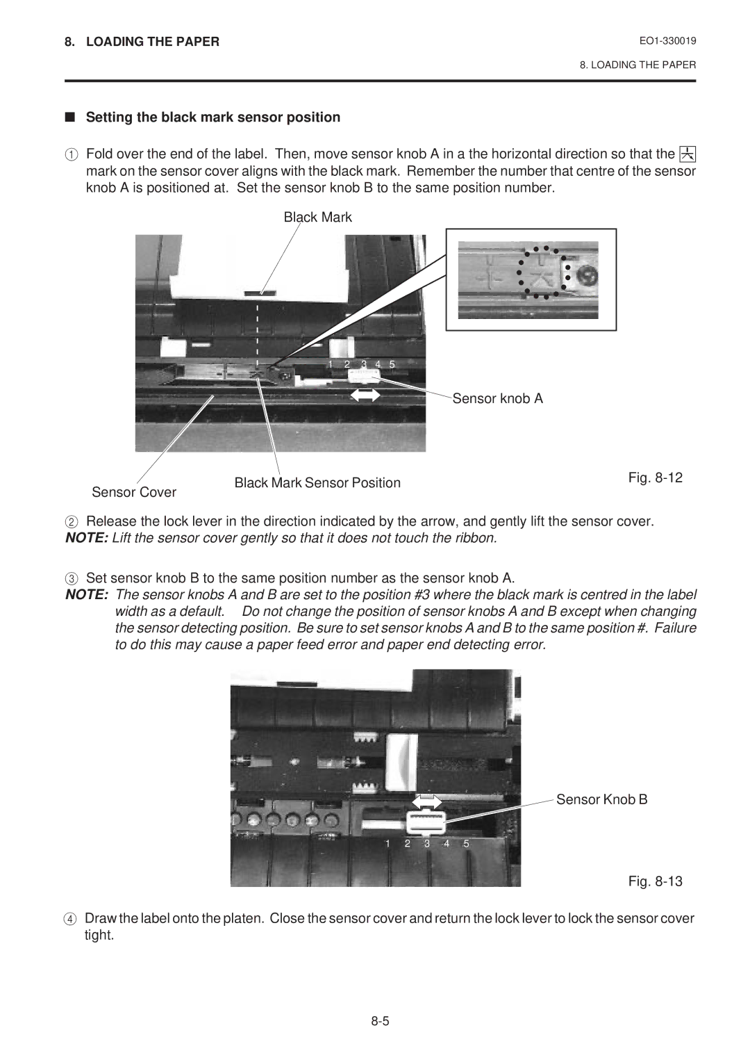 Toshiba B-450-HS-QQ owner manual Setting the black mark sensor position 