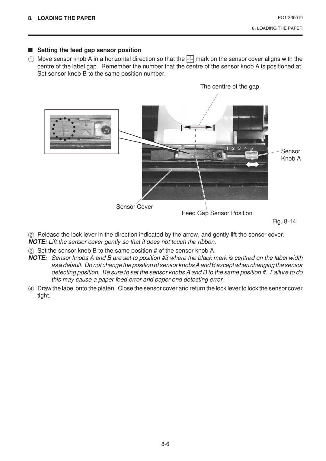 Toshiba B-450-HS-QQ owner manual Setting the feed gap sensor position 