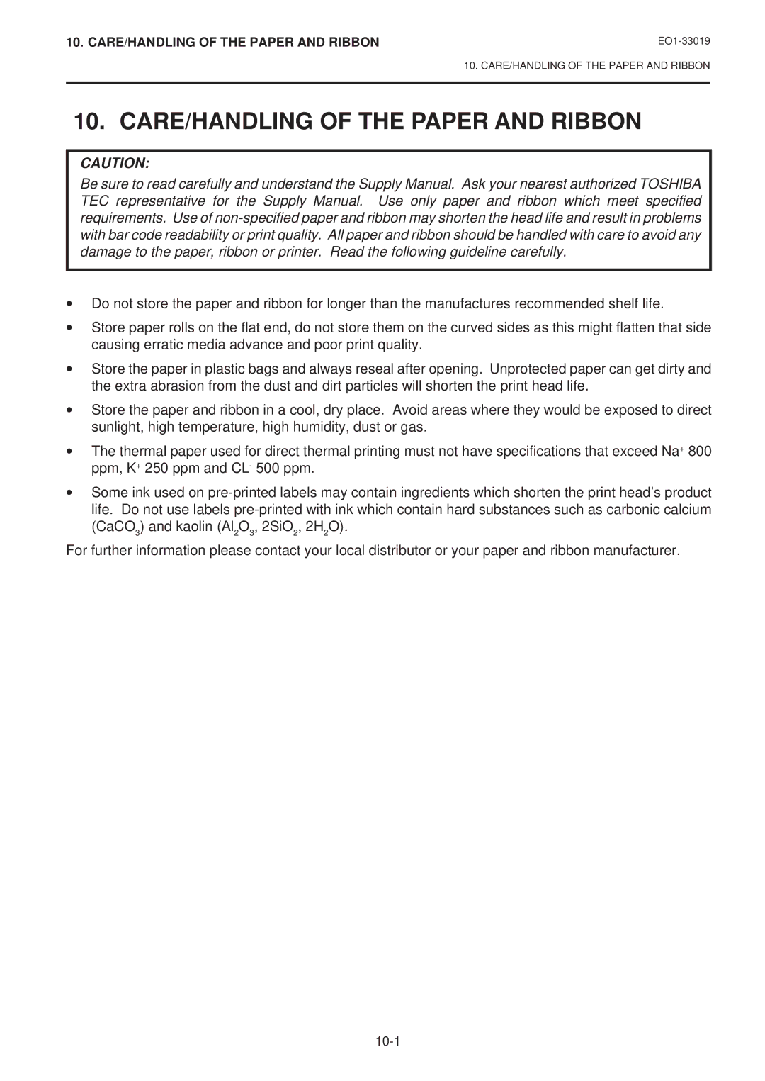 Toshiba B-450-HS-QQ owner manual CARE/HANDLING of the Paper and Ribbon 