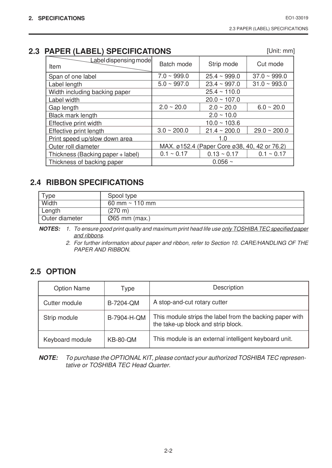 Toshiba B-450-HS-QQ owner manual Ribbon Specifications, Option 