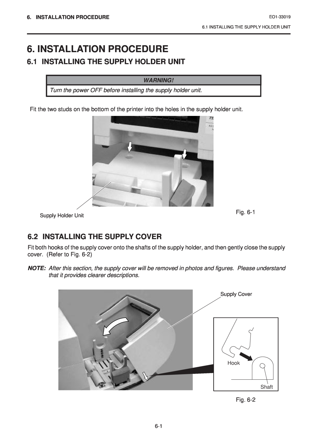 Toshiba B-450-HS-QQ owner manual Installation Procedure, Installing The Supply Holder Unit, Installing The Supply Cover 
