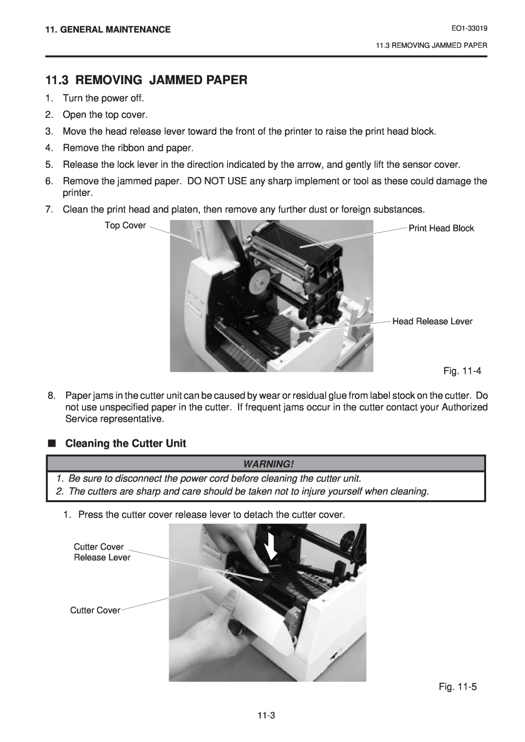 Toshiba B-450-HS-QQ owner manual Removing Jammed Paper, Cleaning the Cutter Unit 