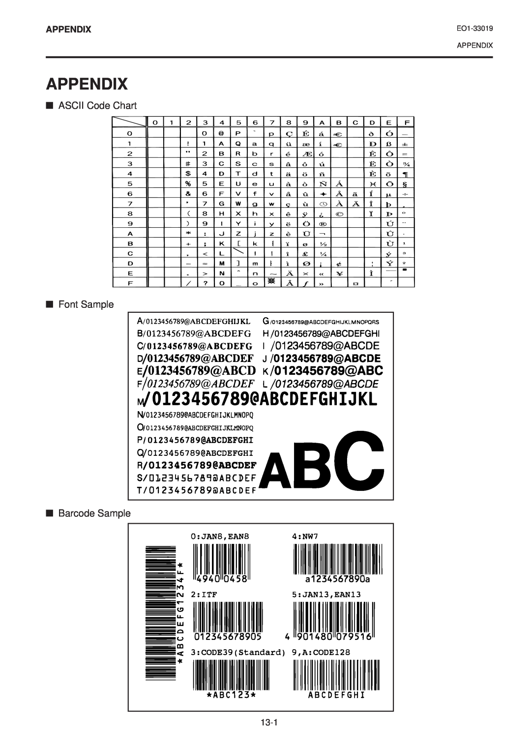 Toshiba B-450-HS-QQ owner manual Appendix, ASCII Code Chart Font Sample Barcode Sample 