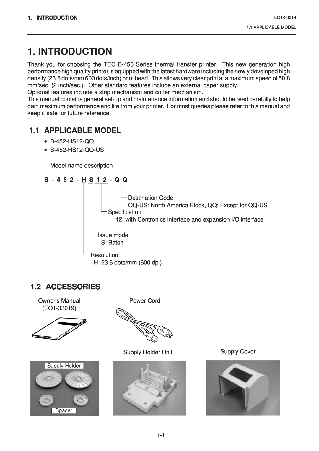 Toshiba B-450-HS-QQ owner manual Introduction, Applicable Model, Accessories, B - 4 5 2 - H S 1 2 - Q Q 