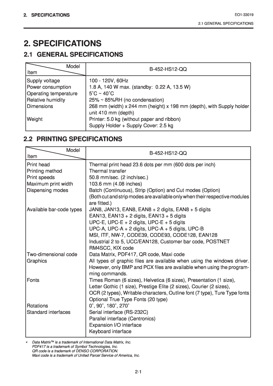 Toshiba B-450-HS-QQ owner manual General Specifications, Printing Specifications 