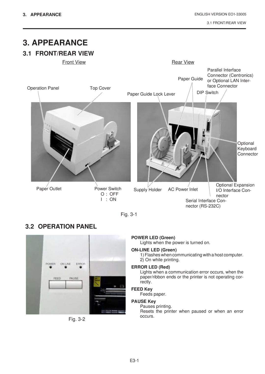 Toshiba B-450-QP SERIES owner manual Appearance, FRONT/REAR View, Operation Panel, Front View Rear View 