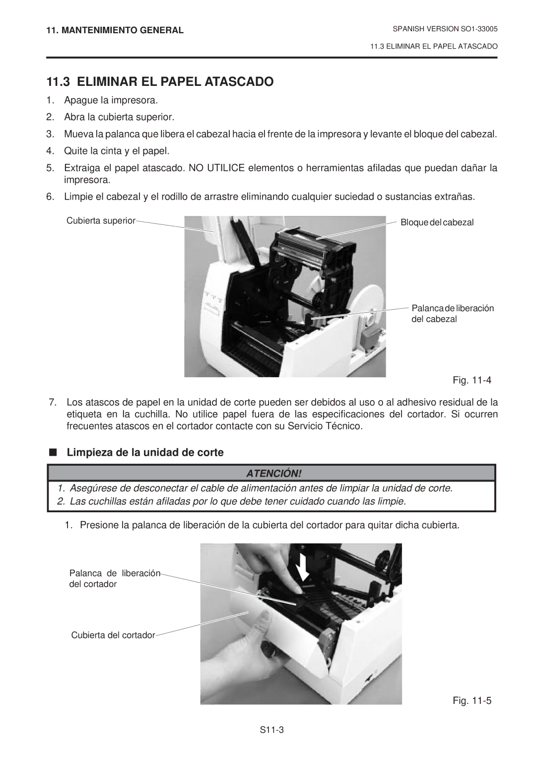 Toshiba B-450-QP SERIES owner manual Eliminar EL Papel Atascado, Limpieza de la unidad de corte 