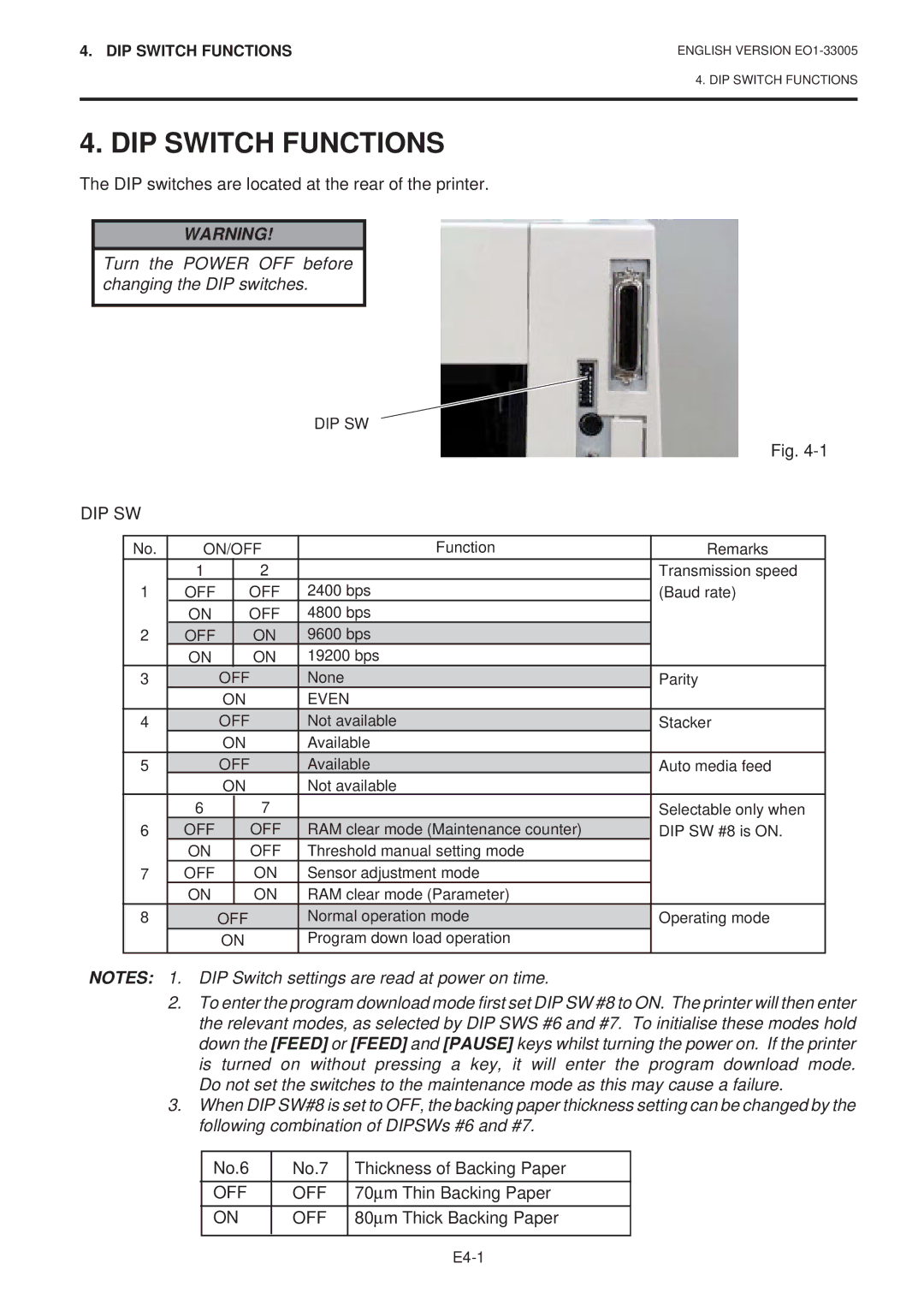 Toshiba B-450-QP SERIES owner manual DIP Switch Functions, Dip Sw, Off 