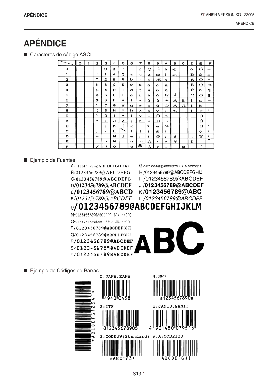 Toshiba B-450-QP SERIES owner manual Apéndice, Caracteres de código Ascii Ejemplo de Fuentes, Ejemplo de Códigos de Barras 