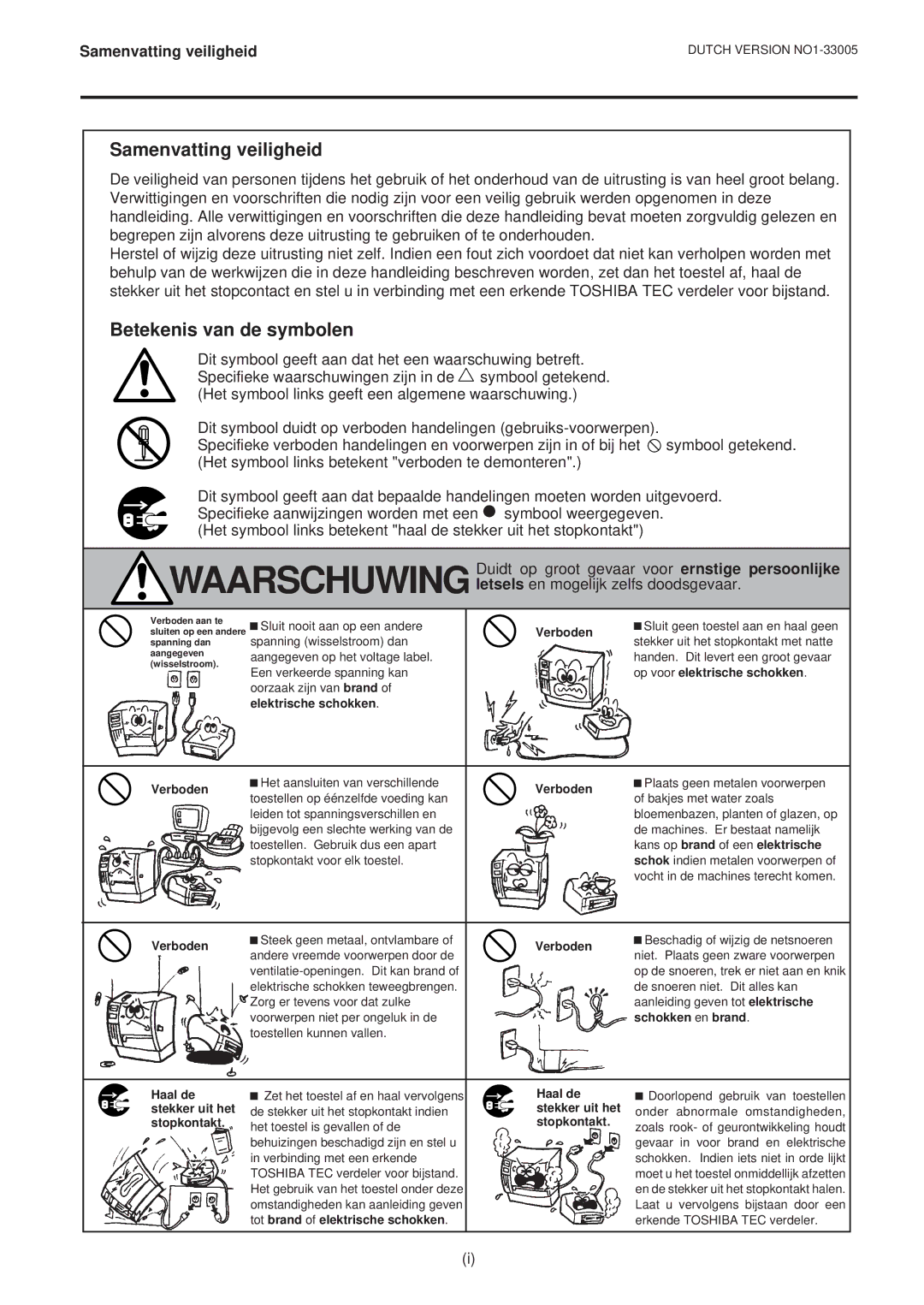 Toshiba B-450-QP SERIES owner manual Samenvatting veiligheid, Betekenis van de symbolen 