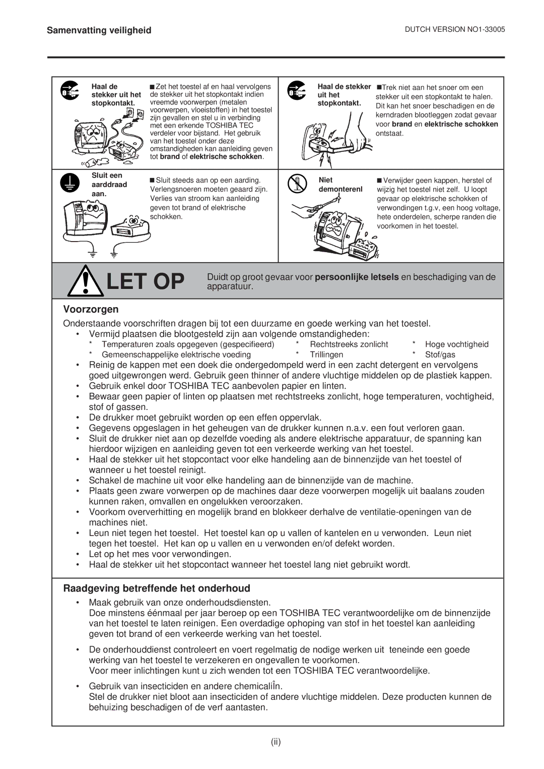 Toshiba B-450-QP SERIES owner manual Voorzorgen, Raadgeving betreffende het onderhoud 