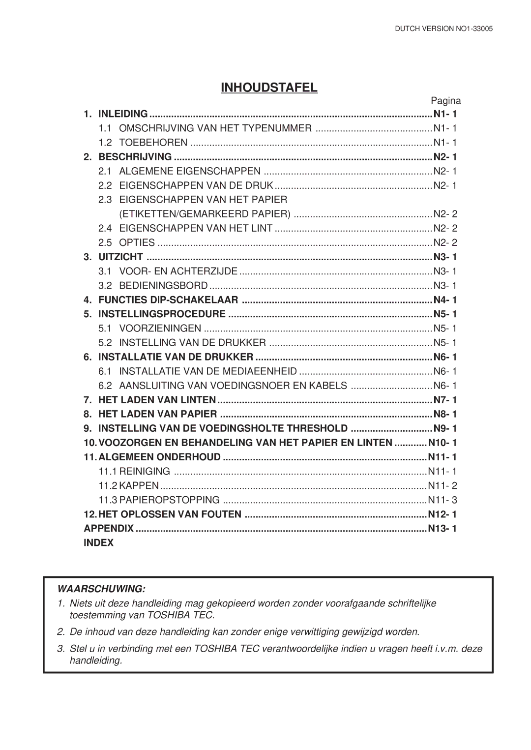 Toshiba B-450-QP SERIES owner manual Inhoudstafel, N10, N11, N12, N13 