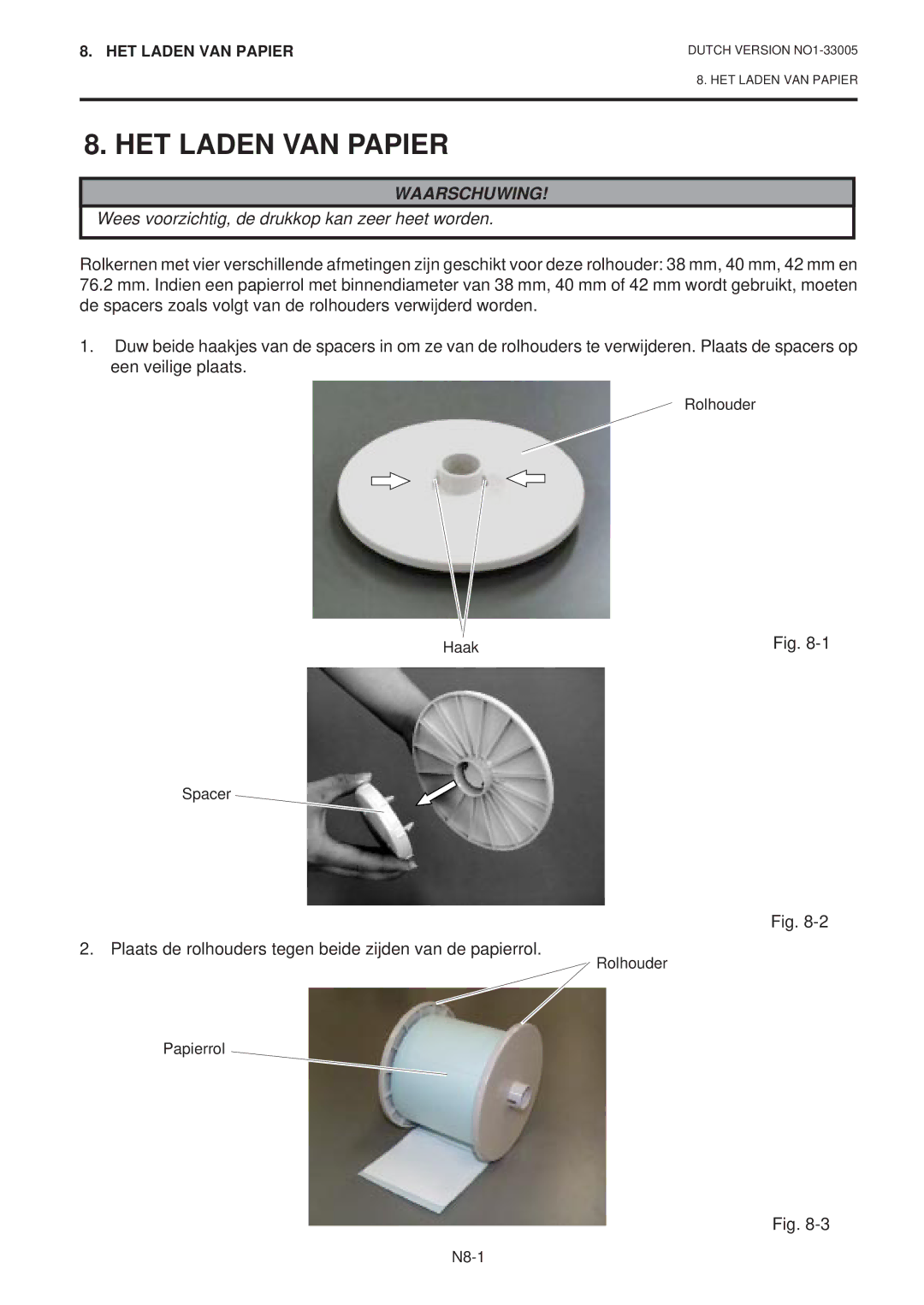 Toshiba B-450-QP SERIES owner manual HET Laden VAN Papier, Plaats de rolhouders tegen beide zijden van de papierrol 